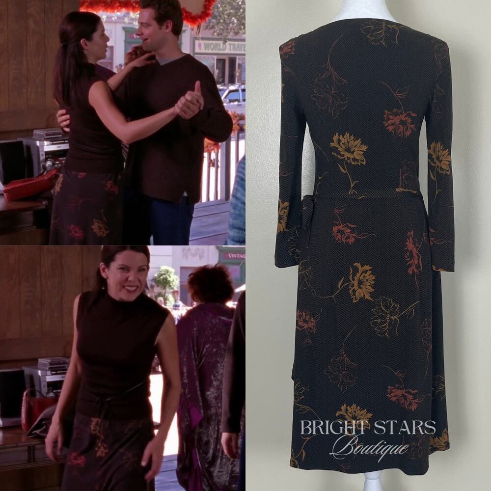 Rare Wrap Dress Alt ASO Lorelai Gilmore Girls Vintage Long Sleeve Brown Floral - Picture 3 of 11